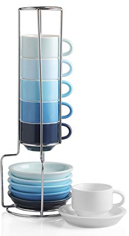Sweejar Porcelain Espresso Cup & Saucer Set, Stackable Demitasse Cups with Metal Stand, 2.5 OZ for Latte,Coffee,Cafe Mocha,Tea, Set of 6(Blue)