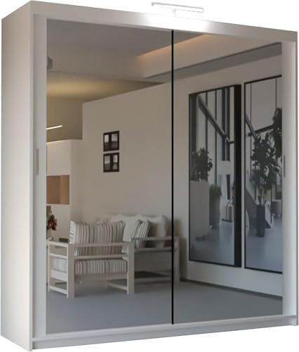 SLIDING WARDROBE 4U Mirror Sliding 2 or 3 Door Wardrobe with LED Light 90cm/120cm/150cm/180cm/203cm/250cm White-Black-Grey-Walnut-Wenge-Oak (White, 90cm)