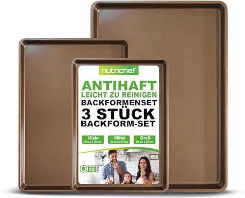 NutriChef Backbleche, 3-teiliges Set Antihaft Backformen aus Karbonstahl, Stapelbar & Spülmaschinenfest, 56x40 cm, 40x28 cm & 35x23 cm – Vielseitig zum Backen & Braten