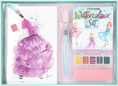 Depesche TOPModel 8842 Kit de peinture à l'eau Watercolour avec 20 feuilles de motifs sur papier aquarelle, 5 couleurs aquarelles et 1 pinceau réservoir d'eau