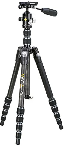 VANGUARD VEO3T235CBP - Trípode de Viaje de Fibra de Carbono con Cabeza de Bola, Mango extraíble y Zapato rápida con Soporte para Smartphone Integrado, Color Negro
