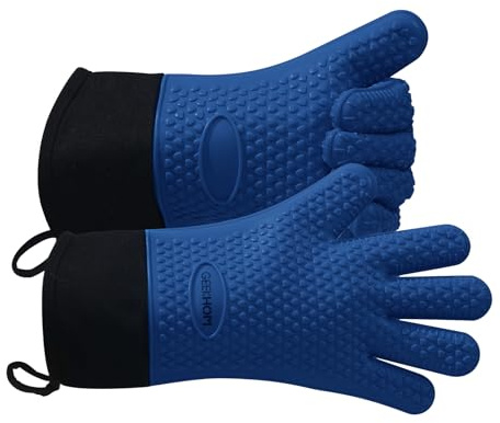 Gants BBQ Anti Chaleur Résistants - GEEKHOM Gants de Cuisine en Silicone pour Four, Grillade, Plancha et Fumoir, Imperméables et Antidérapants avec Doublure en Coton Confortable