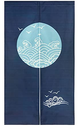 LIGICKY Japanischer Stil dick Leinen Noren Lang Vorhang Türvorhang Raumteiler Tapisserie für die Heimtextilien 85 x 150 cm, Blau, Kreis, Wellen und Seevögel