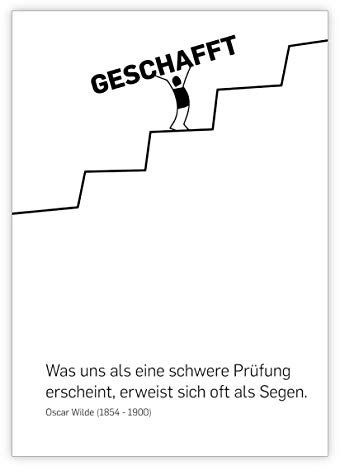 10x Geschafft! Lustige Glückwunschkarte zum Examen mit Männchen auf Leiter mit Oscar Wilde Zitat • Glückwunschkarte zum Abitur, Examen, Prüfung mit Umschlägen