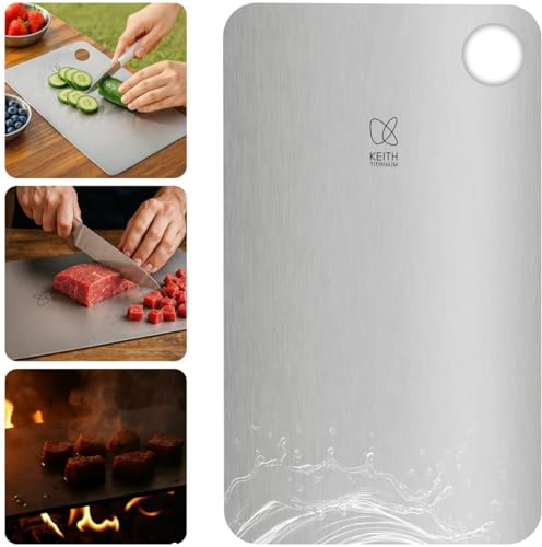 Keith Titanium Cutting Board, tabla de cortar bifacial de titanio puro para alimentos para carne, frutas y verduras, segura, lavable en lavavajillas, ideal para cocina y uso exterior (S)
