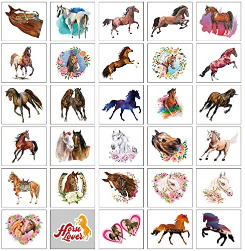 30 Stk * Pferde * Tattoos zum aufkleben 60 * 69 mm als Mitgebsel Sticker Temporäre Tattoo Geburtstag Geschenke für Jungen Mädchen Frauen Männer