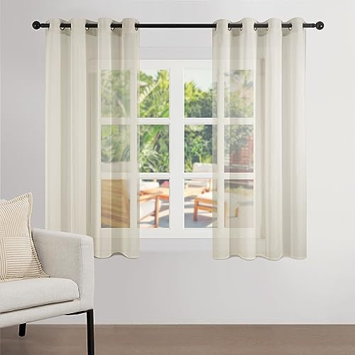 Topfinel Gardinen Beige Vorhang Halbtransparent Ösen Vorhänge Leinenoptik Gardine Schals Kurzstore Ösengardinen 2er Set 140x145 cm Deko für Küche, Flur, Klassenzimmer, Sheer Curtains Transparent