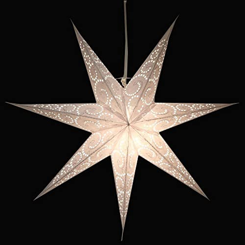 MoreThanHip Sumana Papierstern Weiß - Ø 60 cm - Weihnachtstern aus FSC-Papier Beleuchtet Handgefertigt Weihnacht Fensterdeko Hängend - Inkl. Beleuchtungskabel 3 Meter mit E14-Fassung (ohne Lampe)