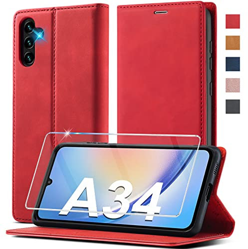 Ailicici für Samsung Galaxy A34 5G Hülle Leder [Mit A34 Schutzfolie] Handyhülle für Samsung A34 5G Hülle Klappbar Leder Flip Wallet Stoßfeste Case Schutzhülle Klapphülle für Samsung Galaxy A34 Hülle