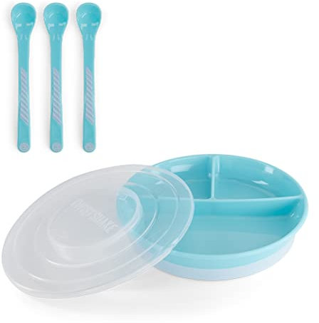 Twistshake Babygeschirr-Set | Geteilter Teller + 3 Löffel Besteck | BPA-frei | Ernährungstrainingsset für Kinder | Baby-Fütterungsset | Blau