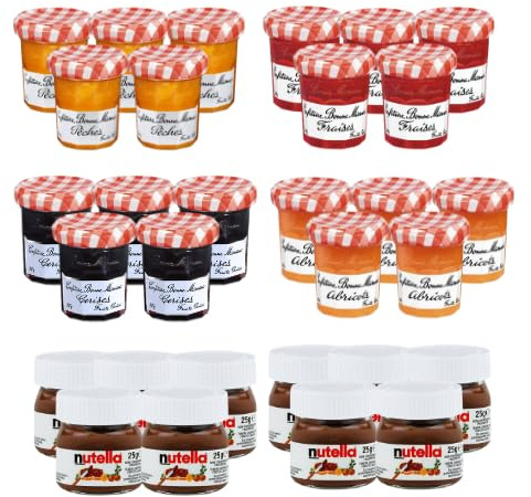BONNE MAMAN/NUT - 20 Mini-confitures assorties et 10 Pâtes à tartiner | Confitures Individuelles 30g Fraise, Cerise, Abricot, Pêche et Nutellino - Pots en verre pour petit déjeuner, buffet, Airbnb