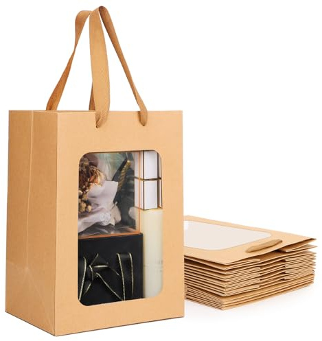 EUSOAR Geschenktüte mit Fenster - 10 Stück Papiertüten mit Henkel - Geschenk Tüten mit Griff 18x13x25cm - 180GSM Papier Tüten Weihnachtsdeko - Kraft Gift Bags Sichtfenster Präsenttüten Braun