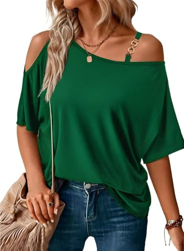 LEIYEE Summer Green Off The Shoulder Tops for Women Sexy Casual Short Sleeve 2026 Trendy Loose Fit T Shirts Blouse S