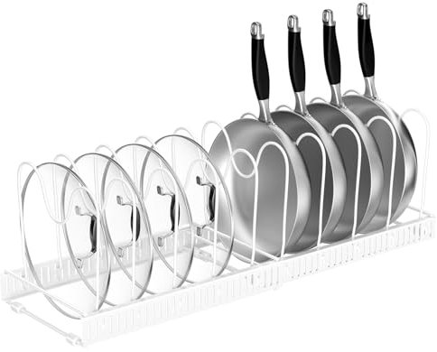 Fousenuk rangement couvercle casserole, Organiseur de Poêle avec 10 Compartiments Réglables, Porte-casseroles Support Extensible, organisateur poele, range casserole de Cuisine pour Tiroir (Blanc)
