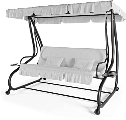 Dondolo Reclinabile 3 Posti Con Cuscini Imbottiti Parasole Tettuccio Regolabile Diventa Letto Struttura Acciaio Robusto Verniciato Giardino Esterno Balcone Terrazzo Piscina 200 x 120 x 160 cm Grigio