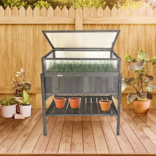 Lendo Online Fioriera Rialzata da Giardino Esterno con Ripiano in Legno con serra - 97,5 x 49 x 120 cm - Aiuola Alta per Giardino/Balcone - Con lastre di policarbonato (Grigio)