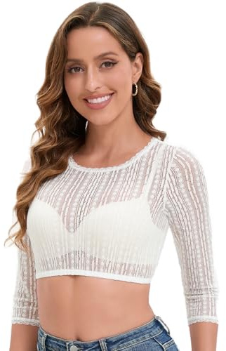 Adisno Dirndl Bluse Damen,Dirndl Bluse,Elegantes und Wunderschönes Spitze Rundhals Dirndlbluse Damen(DE/NL/SE/PL, Numerisch, 38, Regular, Regular, Weiß)