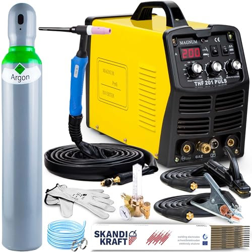 Magnum THF 201 PULSE - 200A DC WIG Puls Schweißgerät Inverter mit Frequenz- und Balance-Regelung - Effizientes Edelstahl Schweißgerät mit MMA Schweißfunktion - IGBT - Set Professional