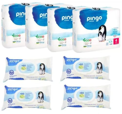 Confezione risparmio pannolini T4 (7-18kg) 160 pezzi + 4 salviettine umidificate 100% biodegradabili Pingo 80 pz