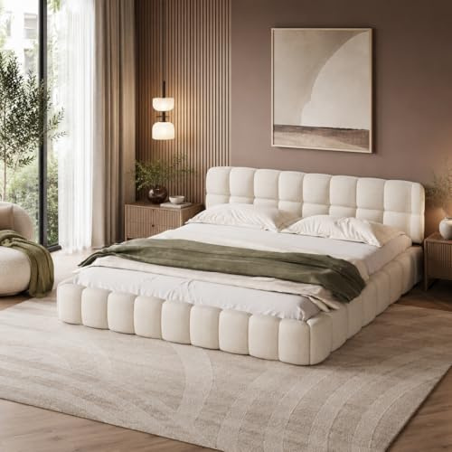 KeepGoon Letto matrimoniale imbottito 160 x 200,letto piatto con schienale morbido, con bordo imbottito,letto per adolescenti,Lino, con rete a doghe, senza materasso (beige)