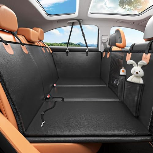 CIGAA Dog Car Seat Cover, Waterproof PU Leather Hammock for Car Back Seat with Mesh Window & Dog Seat Belt, Anti-Scratch Hard Bottom Rear Seat Covers For Cars, Trucks, SUV