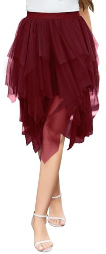 Wikoan Gonna in Ulle da Donna Elegante Abito Asimmetrico a Tre Strati in Tulle Trasparente con Fodera,Gonna a Rete da Principessa,Bordeaux,XXL