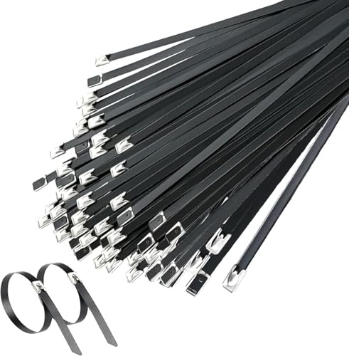 Deecam Black Stainless Steel Cable Ties 4.6×300mm Metal Cable Tie 50 Pcs | 304 Stainless Zip Ties with Steel Ball Stopper, Suitable for Exhaust Wrapping, Binding Tie, Garden Repair and Fixed Fence