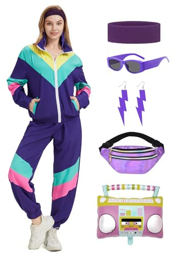 Coseaon - Outfit Anni 80 90 da Donna, Tuta da Ginnastica, Giacca, Pantaloni, Completo, Abbigliamento Retro Anni 80, Accessorio, Costume da Halloween, Carnevale, Festa, Viola scuro, L