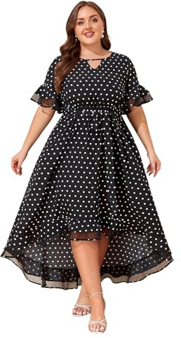 LapaPlus Übergröße Damen Elegante Partykleider Abendkleider Tupfen Mesh Maxikleid Sommerkleid Freizeitkleid mit Taschen