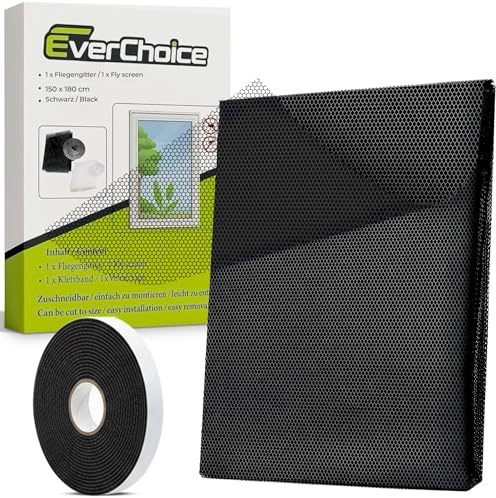 Mosquitera para ventana, protección contra insectos sin taladrar, mosquitera con cinta de velcro autoadhesiva, recortable y lavable, resistente a los rayos UV (negro, 1 unidad de 150 x 180 cm)