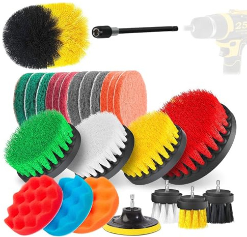 RETSAMV 25-teiliges Bohrmaschinen Reinigungsbürsten Set, Universal Aufsatz mit Verlängerung & Schwämmen, Kratzfeste Bürsten für Auto Felgen, Bad Fugen, Küche Herd, Toilette, Grill