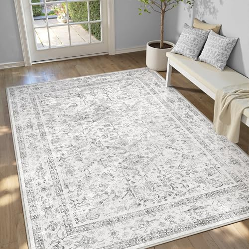 PureCozy Vintage Vardagsrum Matta 140 x 200 cm Stor Grå Mattor Tvättbar Halkfri Golvmatta Sovrum Rug Matsal Kontor Utomhus Barnrum Balkong Rugs Mjuk Kort Lugg Carpet