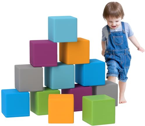 HOMCOM 12 TLG. Schaumstoff Bausteine Kinder Softbausteine Grau+Türkis | Riesenbausteine, Bauspielzeug, für 1-3 Jahre alt Kinder, Kinder Bausteinset