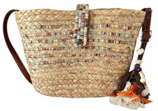 MODELISA - Bolso Bandolera De Hombro Capazo Rafia Paja Tejido Borlas Decorativas Estilo Bohemio Para Mujer (Marrón)
