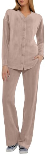 Uwdiohq Casual da Donna, 2 Pezzi, Abbottonato, A Maniche Lunghe, con Sexy Due Pezzi (Khaki, XL) Pigiama Donna Cotone Leggero Lungo Bottoni Davanti Taglia 56 Intero Comodo Dinosauro Premaman