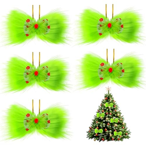 JJQHYC 5 Stück Weihnachtsbaumschmuck Grinchs Weihnachtsschleifen Grün Pelzige Grinchs Weihnachtsbaum Deko Schleifen Weihnachtsdeko Kranz Dekorationen