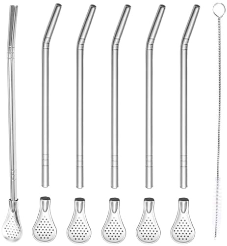 Edelstahl Trinkhalme Löffel, 6 Stück Strohhalme Löffel, Wiederverwendbare Filterlöffel, Trinklöffel, mit Reinigungsbürsten, für Tee, Kaffee, Zitronentee, Saft, Yerba Mate