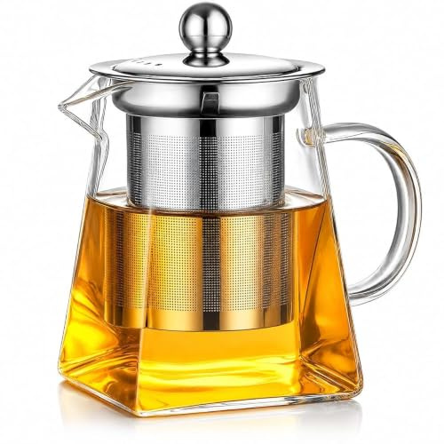 Théière en Verre avec Infuseur 350ml, Théière avec Filtre en Acier Inoxydable Amovible, Verre Borosilicate Transparent Résistant à la Chaleur, Théière Individuelle pour Thé Vert, Thé Noir et Tisane
