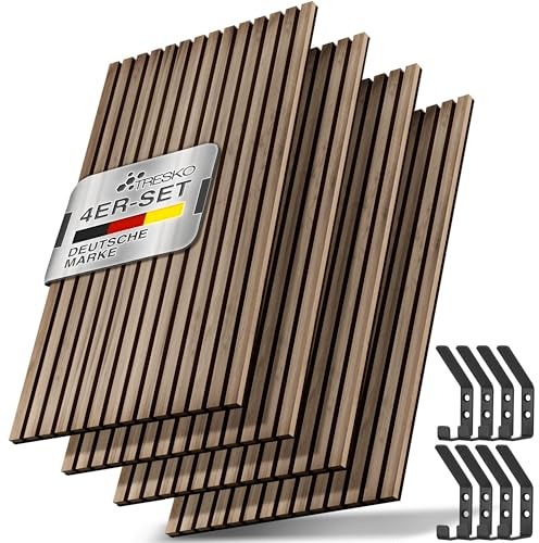 TRESKO® 4 Stück Akustikpaneele Holz 120×60x2,1 cm inkl. Kleiderhaken | Wandverkleidung Eiche Schwarz als 3D Lamellenwand | Holzpaneele Paneele für Schallschutz | Akustik Wandpaneele mit Montageset