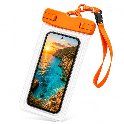 PinoLab Custodia Impermeabile Smartphone Universale, Cover Waterproof fino a 7, Porta Cellulare per Mare Piscina Spiaggia, Protezione Acqua Sabbia Polvere con Laccio da Collo, Trasparente