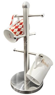 Royal Cuisine Stainless Steel Coffee Tea Mug Tree Mug Hanger Stand Tea Coffee Cup Holder with 6 Hooks Mug Holder for Counter (Silver) Kitchen Storage Rack-Kitchen Accessories