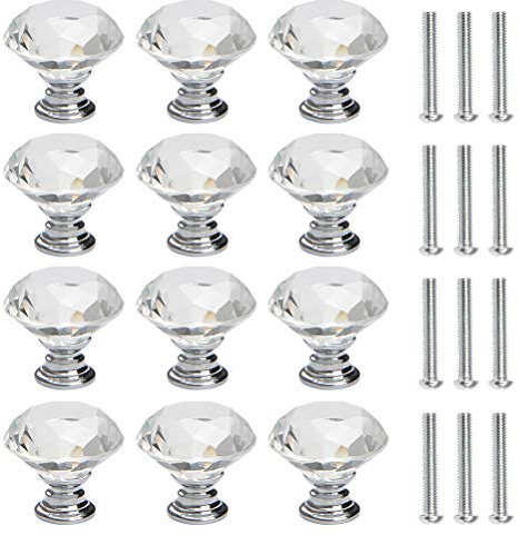 FOCCTS 12 Stück Schubladenknöpfe Kommode Möbelknöpfe Kristall 30mm Zinklegierung Kristallglas Moebelknauf Griff Garderobe Ziehgriffe Möbelgriff