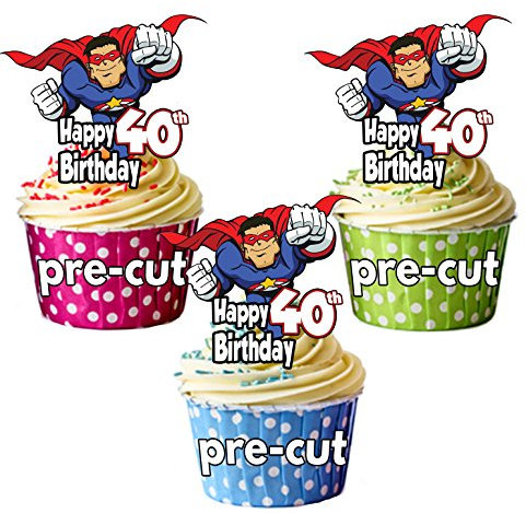 AK Giftshop PRECUT Superhero Themed - Mens 40th Birthday - Edible Cupcake Toppers/Cake Decorations (Pack of 12)