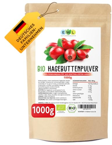 EWL BIO Hagebuttenpulver 1kg | Rohkostqualität | ganze Früchte gemahlen | Aus 100% Hagebutte | Vegan & ohne Zusätze | Aus kontrolliert biologischem Anbau | Abfüllung in Deutschland | Vorrat