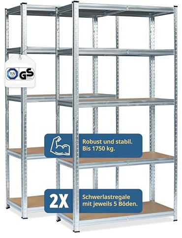 Grafner XXL Doppel Schwerlastregal mit 10 Böden aus MDF, maximale Belastung 1750 kg, TÜV/GS Zertifizierung, abgerundete Ecken, 180x180x40 cm, Doppelpack Steckregal, Lagerregal Kellerregal