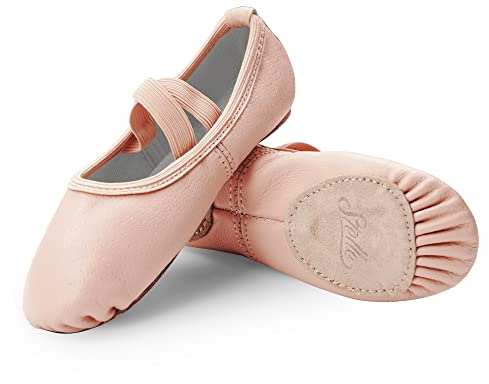 Stelle Ballet Shoes for Girls Dance Slippers Genuine Leather Ballerina Shoes for Toddler/Little Kid/Big Kid(10MT, Ballet Pink No-tie)