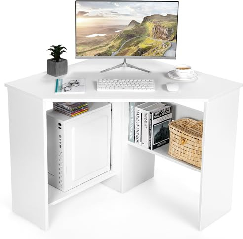 COSTWAY Corner Computer Desk, Space-Saving Triangular Writing Desk w/ 2 Storage Shelves & 2 Cable Holes, Multi-Functional Console Table for Small Space in Home Office, Living Room, Bedroom (White)