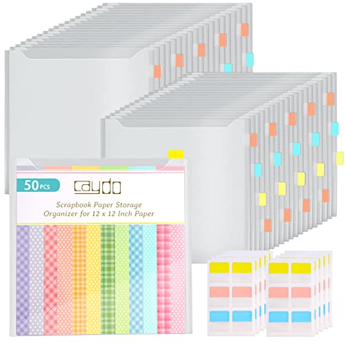 Caydo 50 Stück Scrapbook-Papier-Aufbewahrungs-Organizer mit 120 Stück Haftindex-Registerkarten, Scrapbook-Papier, Papierfeilen, Vinylpapier und Karton | Papier-Oeganizer für Scrapbooking, Karton, Vinyl-Papier