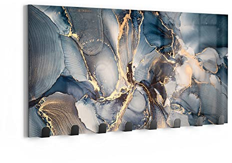 DEQORI Wandgarderobe Glas & Metall | Motiv Marmor-Farbspiel mit Gold | 60x30 cm | Design Haken-Leiste modern | Garderoben-Paneel für Flur, Wohnzimmer & Schlafzimmer | magnetisch & beschreibbar