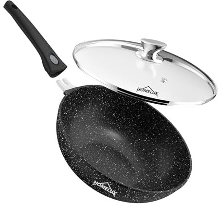 HOMELUX Wok Pfanne 28 cm, Wokpfannen Bratpfanne, Wokpfanne Induktion mit Glasdeckel und Abnehmbarem Griff – Für alle Herdarten, auch Induktion(HLW81528)